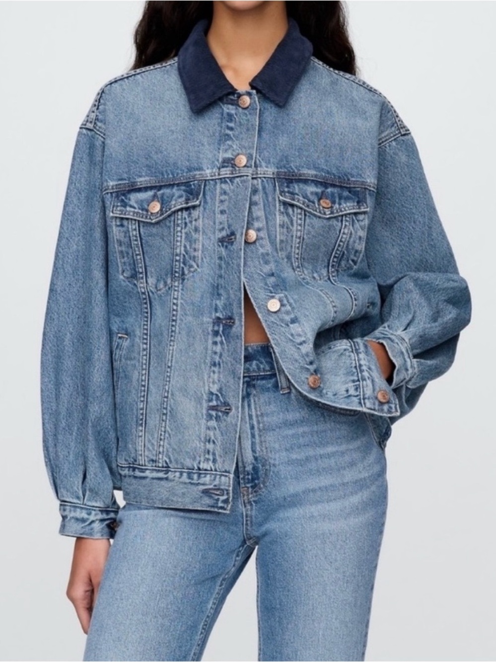 NWT Gap x DÔEN Oversized Icon Denim Jacket with Navy Corduroy Collar